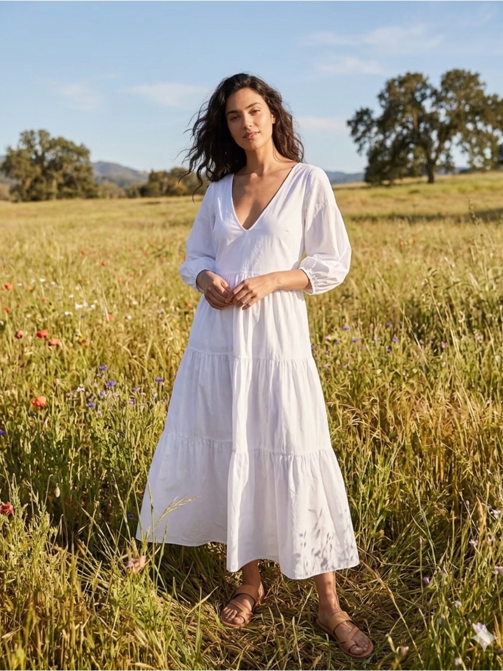 Parterre Avery Women's White Tiered Maxi Dress with Puff Sleeves NWT